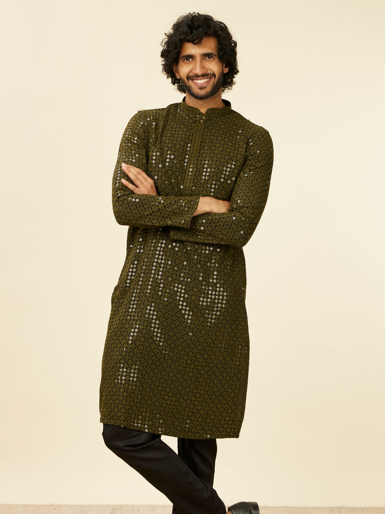 alt message - Manyavar Men Olive Green Chikankari Kurta Set image number 0